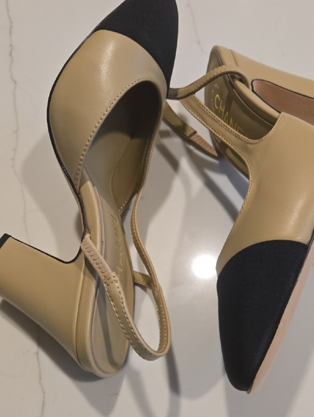 CHANEL Beige and Black Iconic Two-Tone Slingback Pumps with Cap Toe - Picture 5 of 6